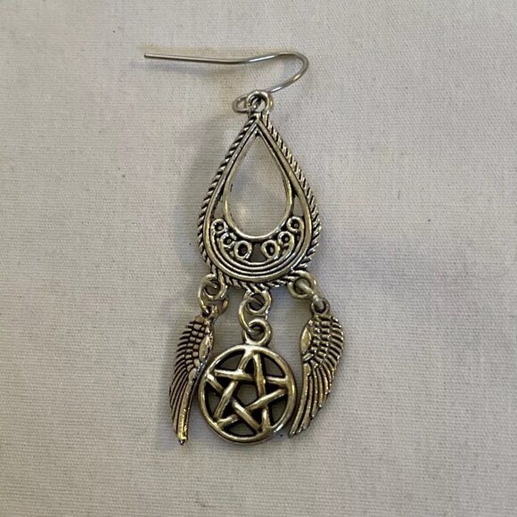 Teardrop Dangle Angel Wings Pentagram Star 925 Necklace 18" Matching Earrings - Picture 14 of 14